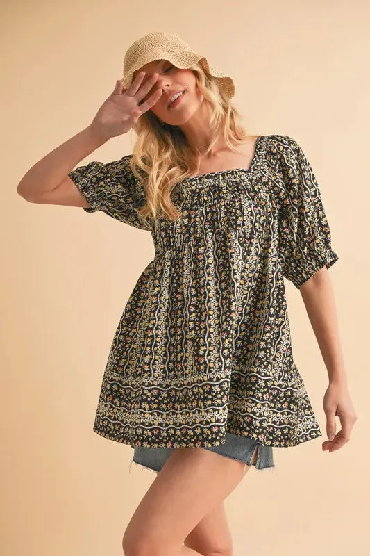 Aemi Co Floral Short Sleeve Babydoll Top