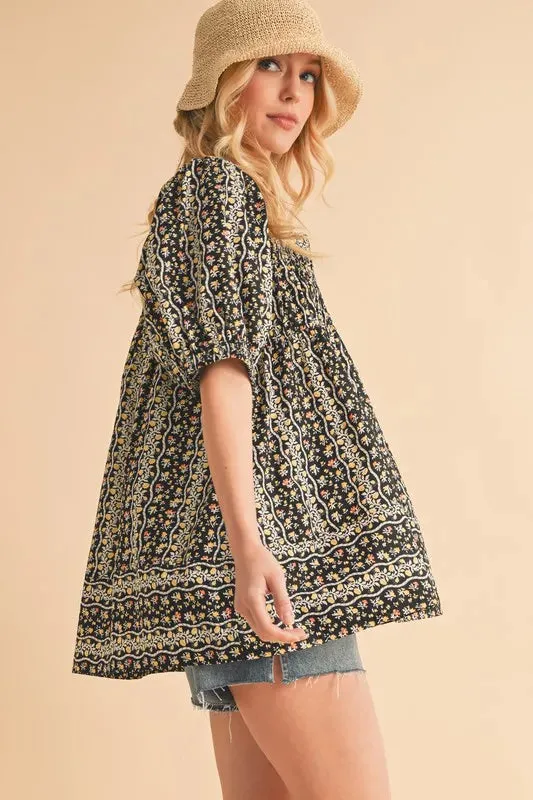 Aemi Co Floral Short Sleeve Babydoll Top