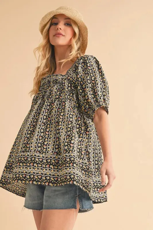 Aemi Co Floral Short Sleeve Babydoll Top