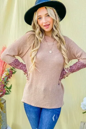 And The Why Button Detail Printed Sleeve Waffle Knit Top