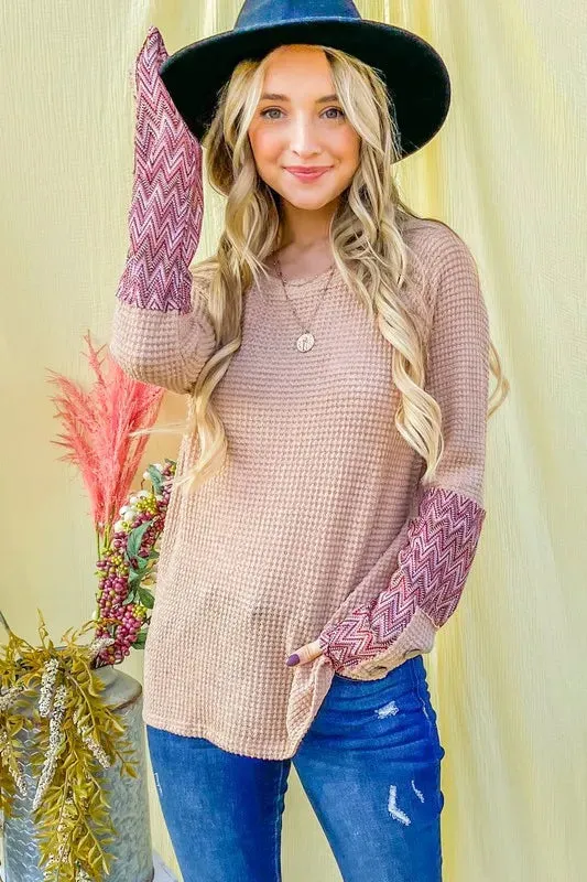 And The Why Button Detail Printed Sleeve Waffle Knit Top