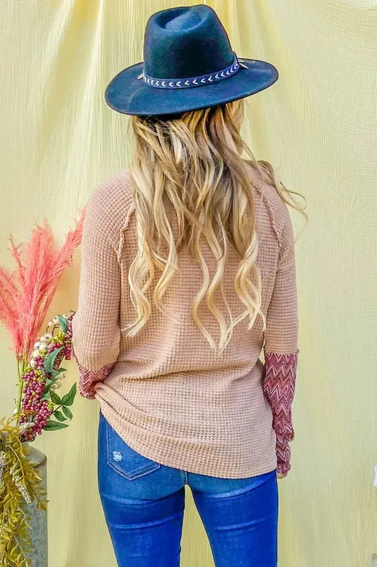 And The Why Button Detail Printed Sleeve Waffle Knit Top