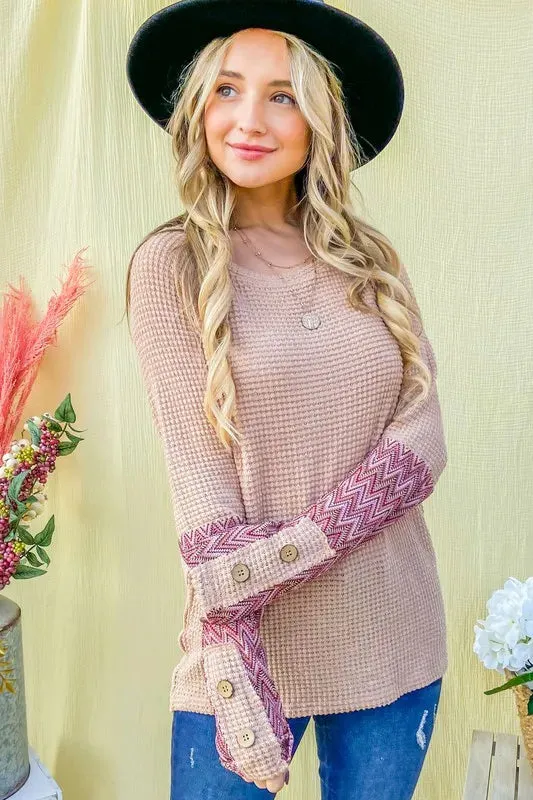 And The Why Button Detail Printed Sleeve Waffle Knit Top