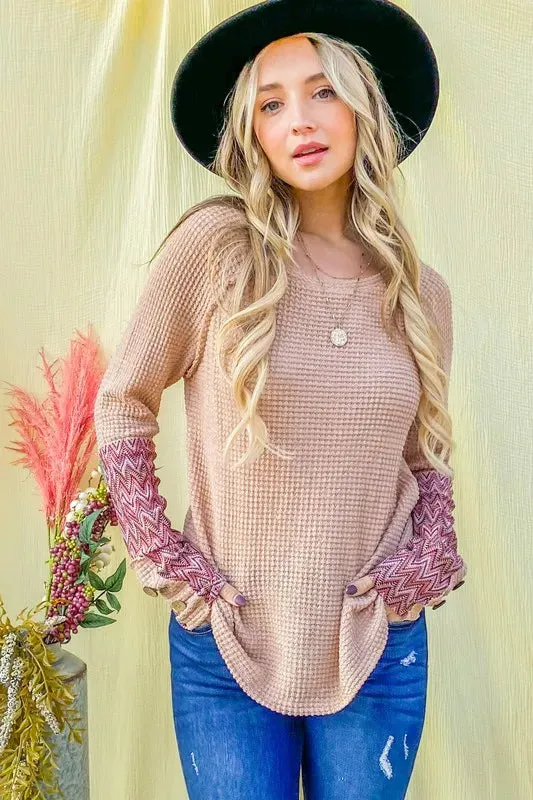 And The Why Button Detail Printed Sleeve Waffle Knit Top