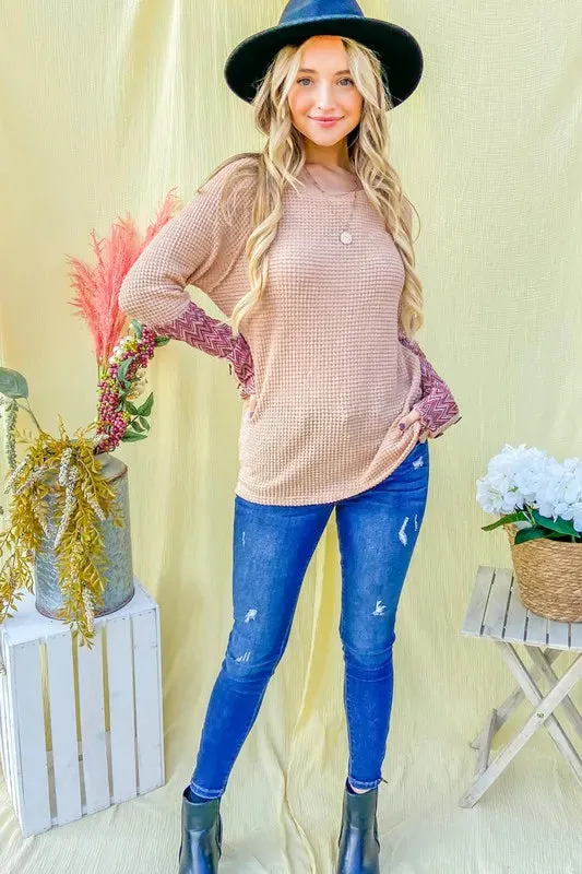 And The Why Button Detail Printed Sleeve Waffle Knit Top