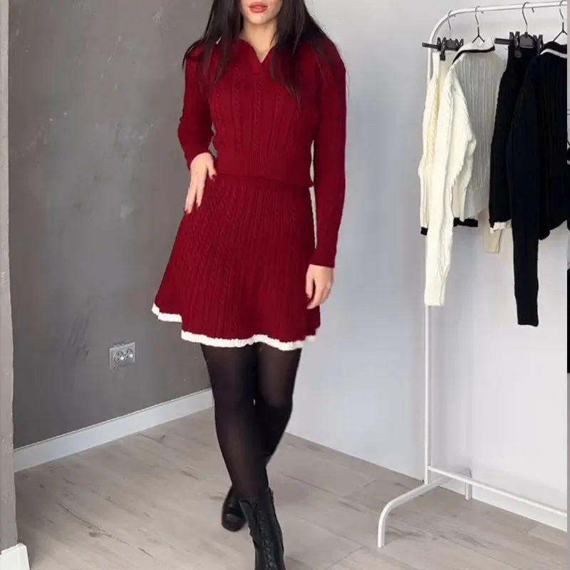 Chic Cable Knit Long Sleeve Sweater and Skirt Set
