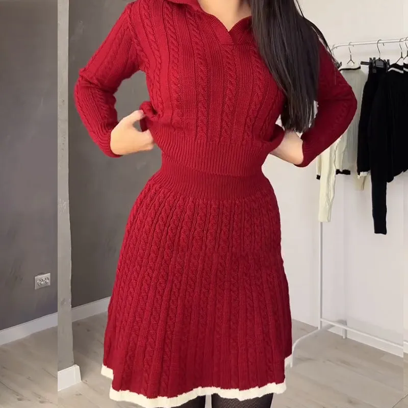 Chic Cable Knit Long Sleeve Sweater and Skirt Set