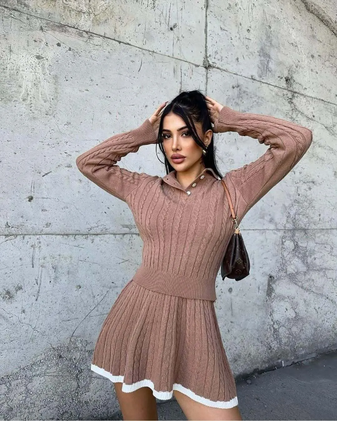Chic Cable Knit Long Sleeve Sweater and Skirt Set