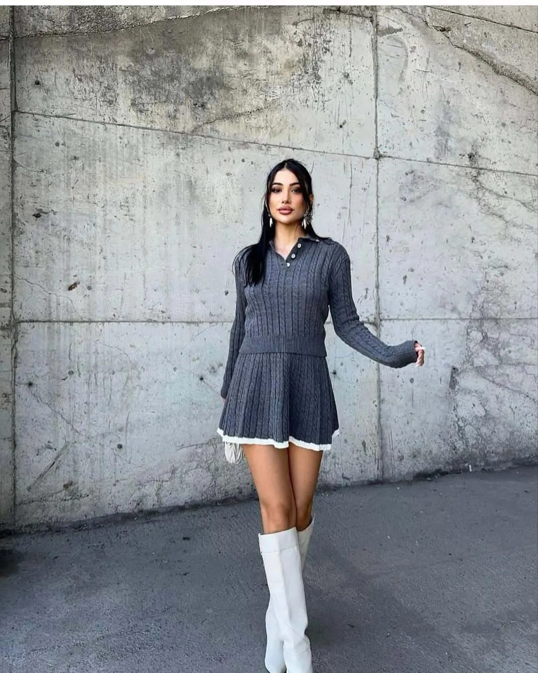 Chic Cable Knit Long Sleeve Sweater and Skirt Set
