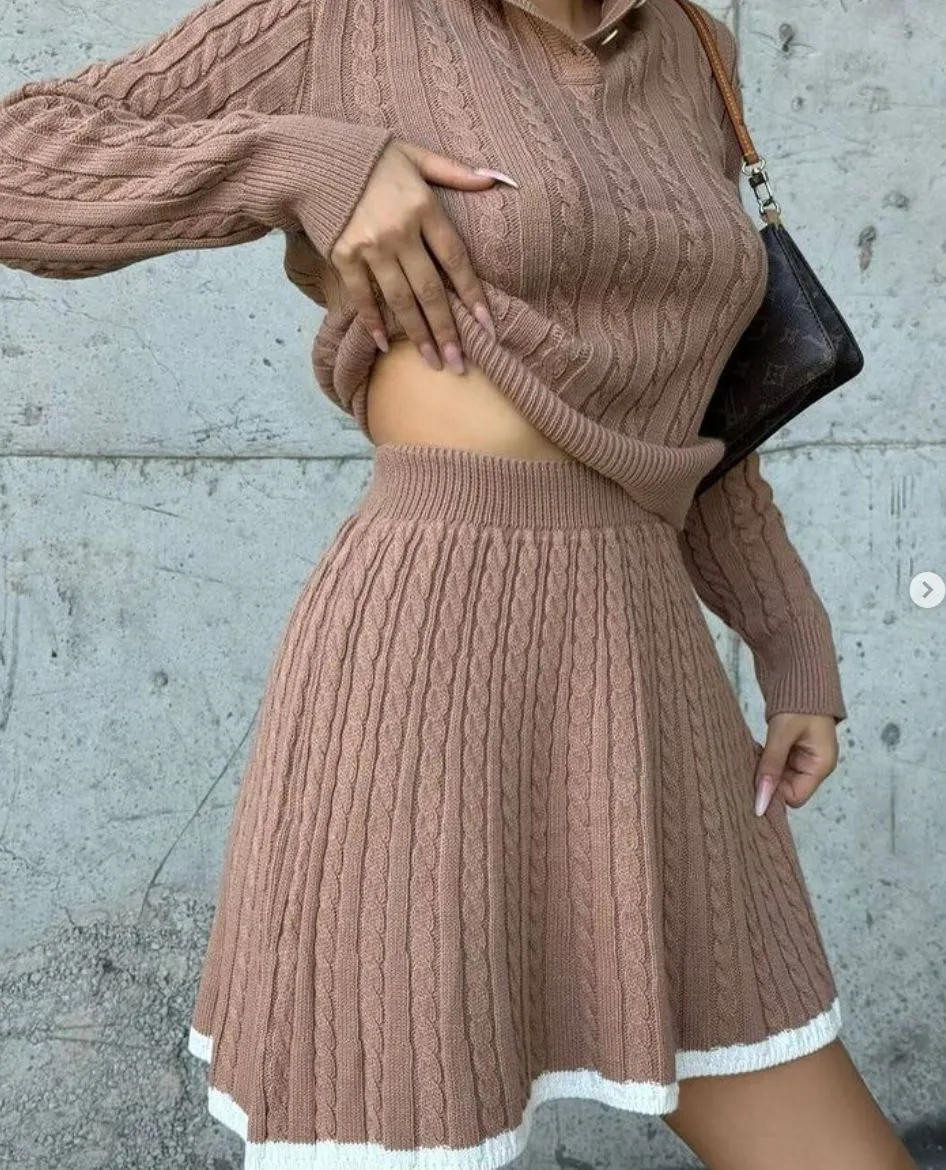 Chic Cable Knit Long Sleeve Sweater and Skirt Set