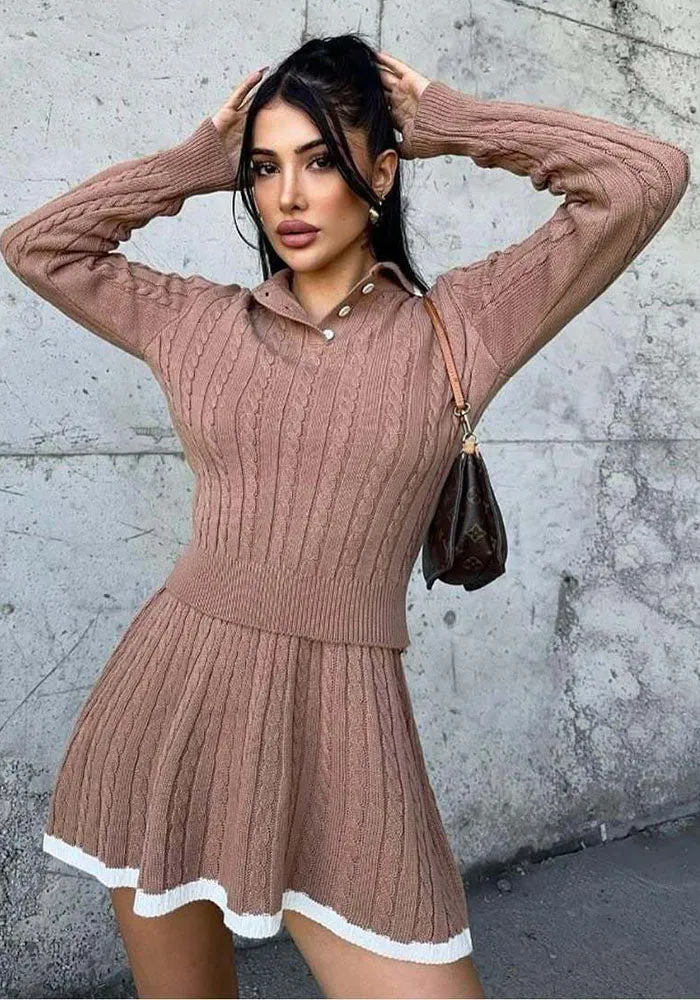 Chic Cable Knit Long Sleeve Sweater and Skirt Set