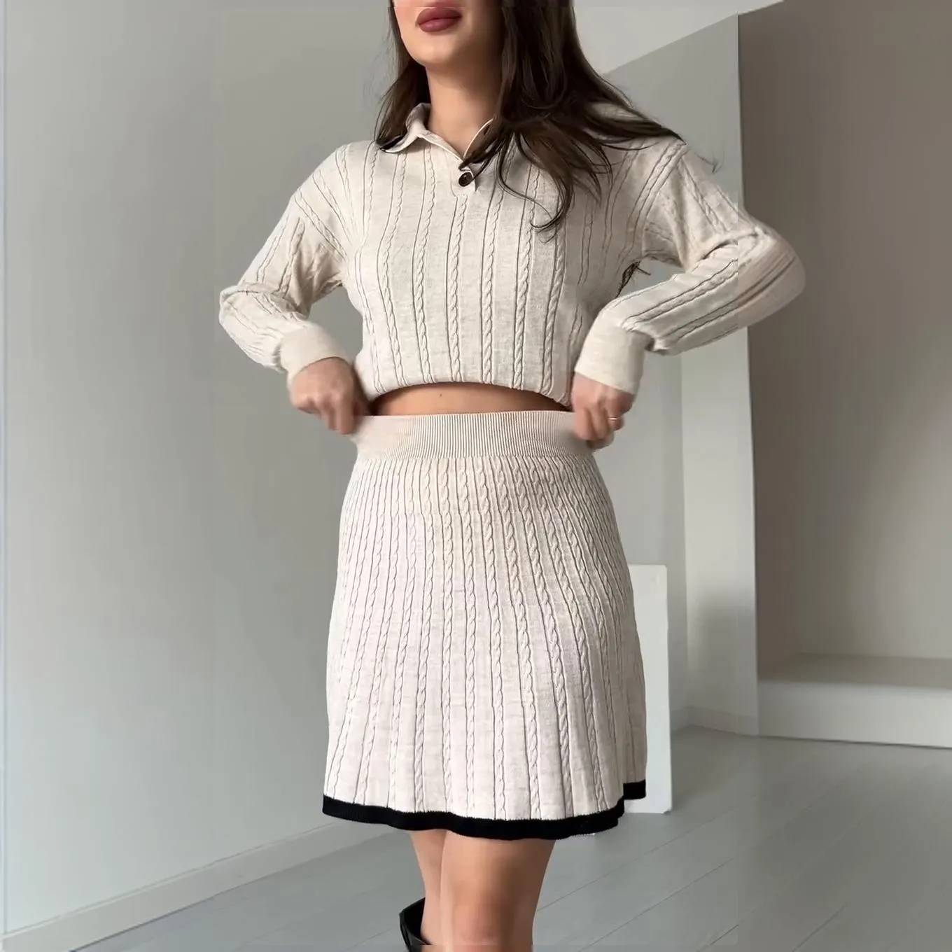 Chic Cable Knit Long Sleeve Sweater and Skirt Set
