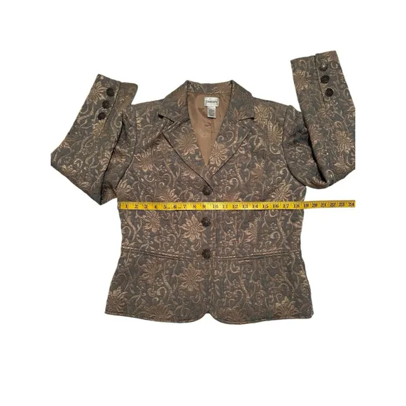 Chicos 1 Elegant Formal 3-Button Blazer Womens 8 Raised Pattern Champagne Gold
