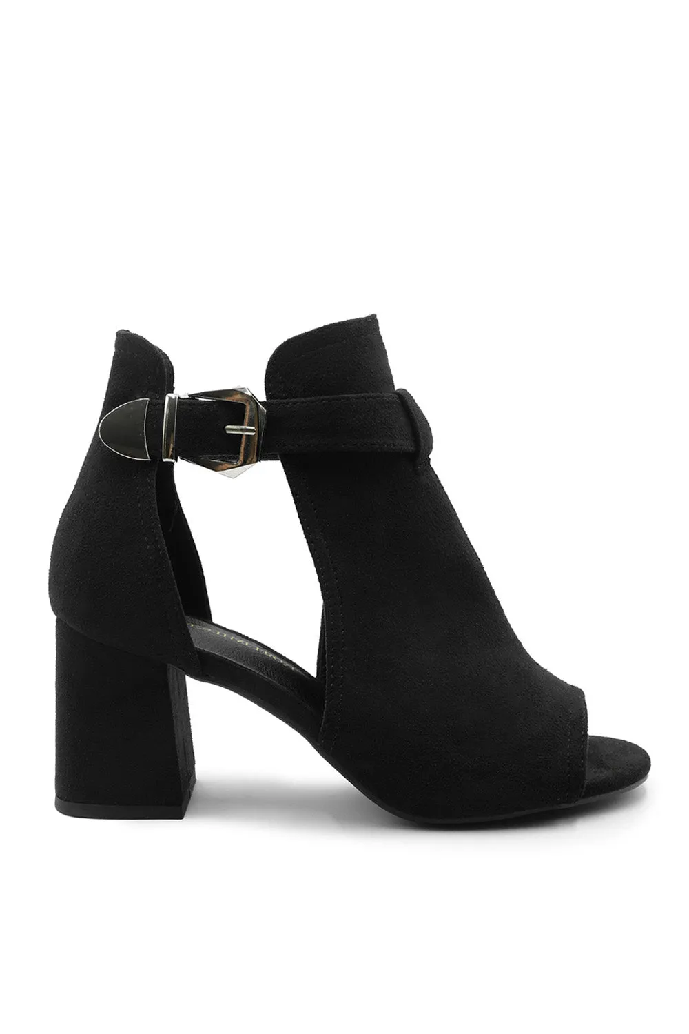 CHLOE BLOCK HEEL WITH SIDE BUCKLE AND OPEN TOE FRONT IN BLACK SUEDE