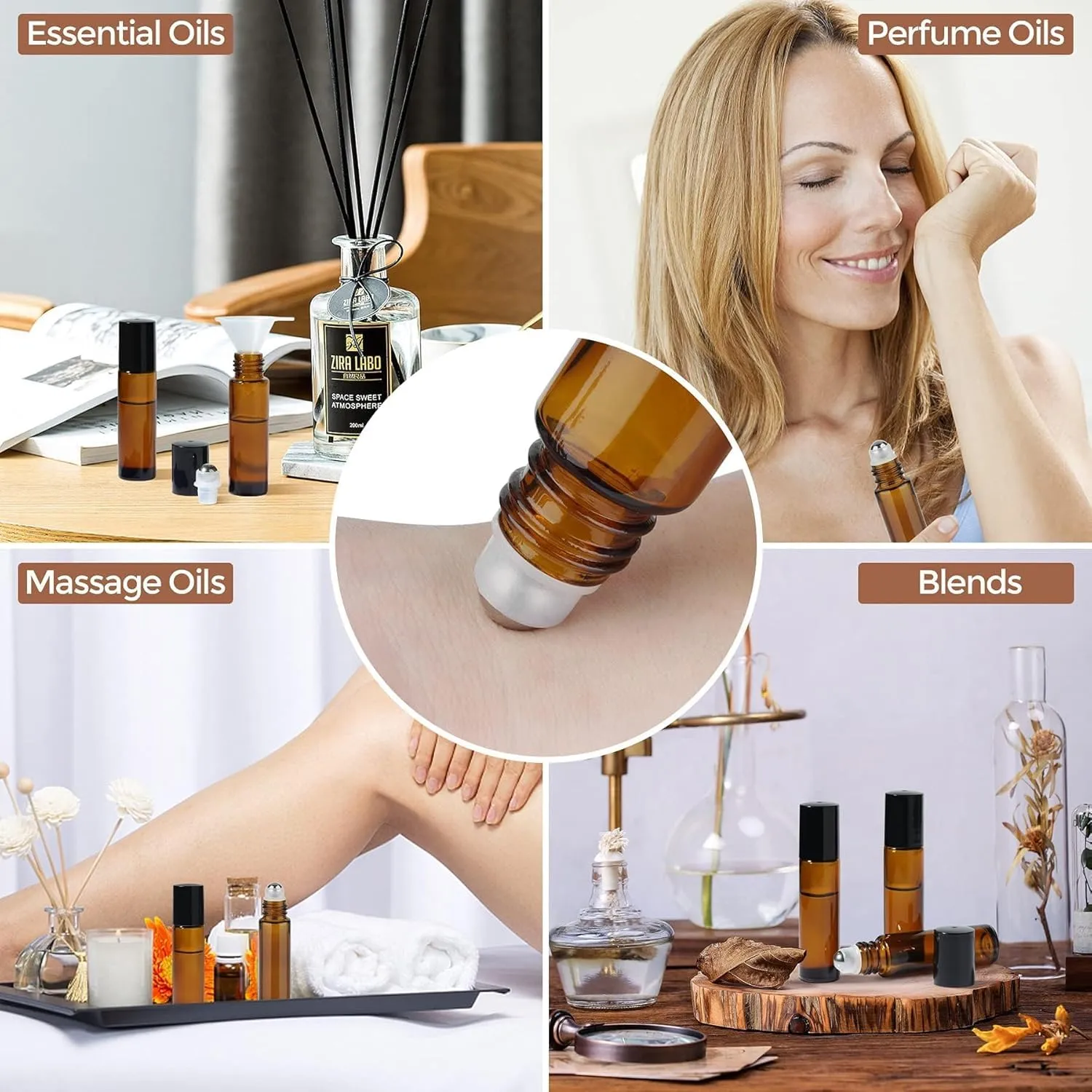 ComSaf 24 Pcs Roller Bottles for Essential Oils 10ml, Update Triple-Lock Seal Roll on Bottles Amber Perfume Glass Roller Balls for Essential Oils with Full Accessories