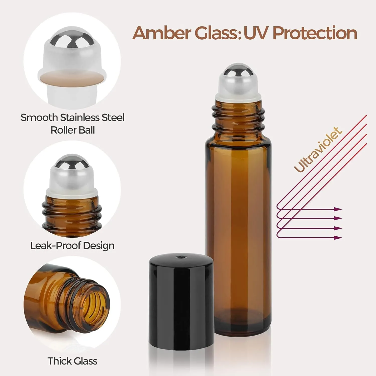 ComSaf 24 Pcs Roller Bottles for Essential Oils 10ml, Update Triple-Lock Seal Roll on Bottles Amber Perfume Glass Roller Balls for Essential Oils with Full Accessories