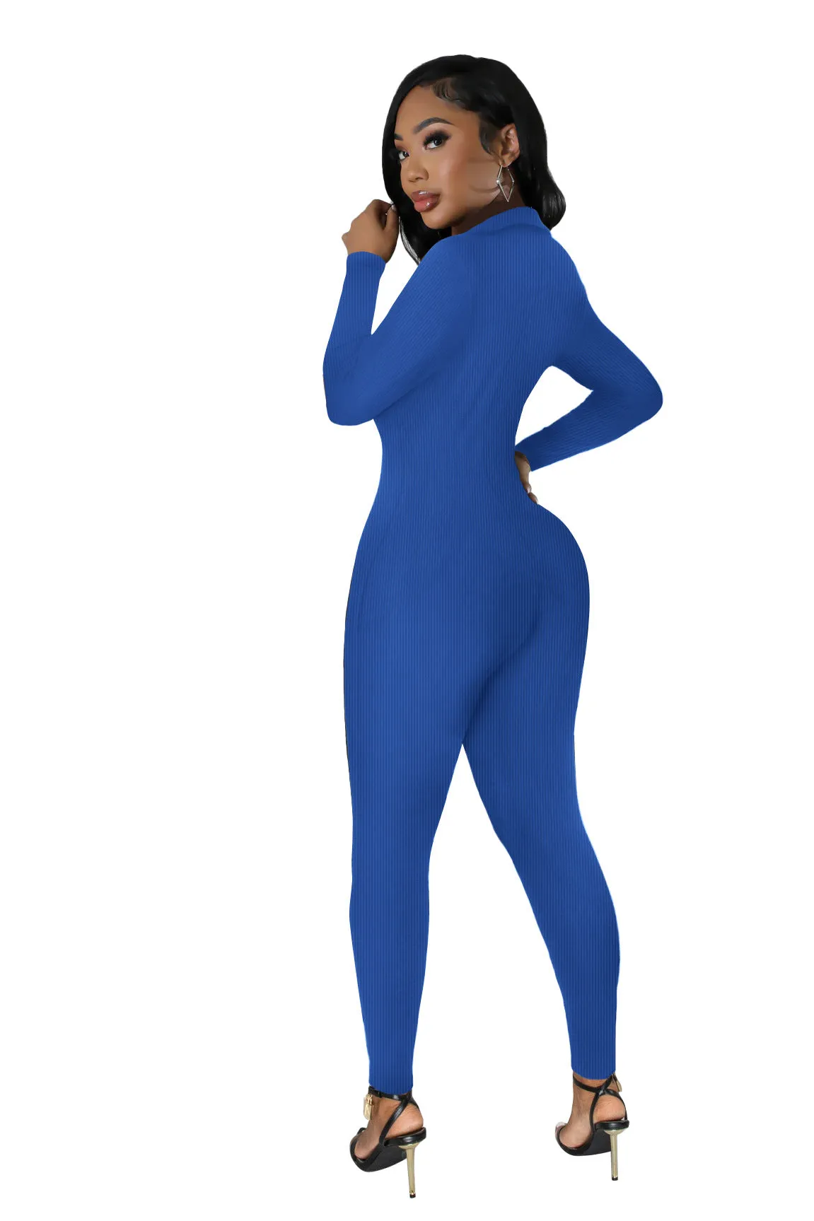 Curve-Enhancing Long-Sleeved Ribbed Button-Up Jumpsuit