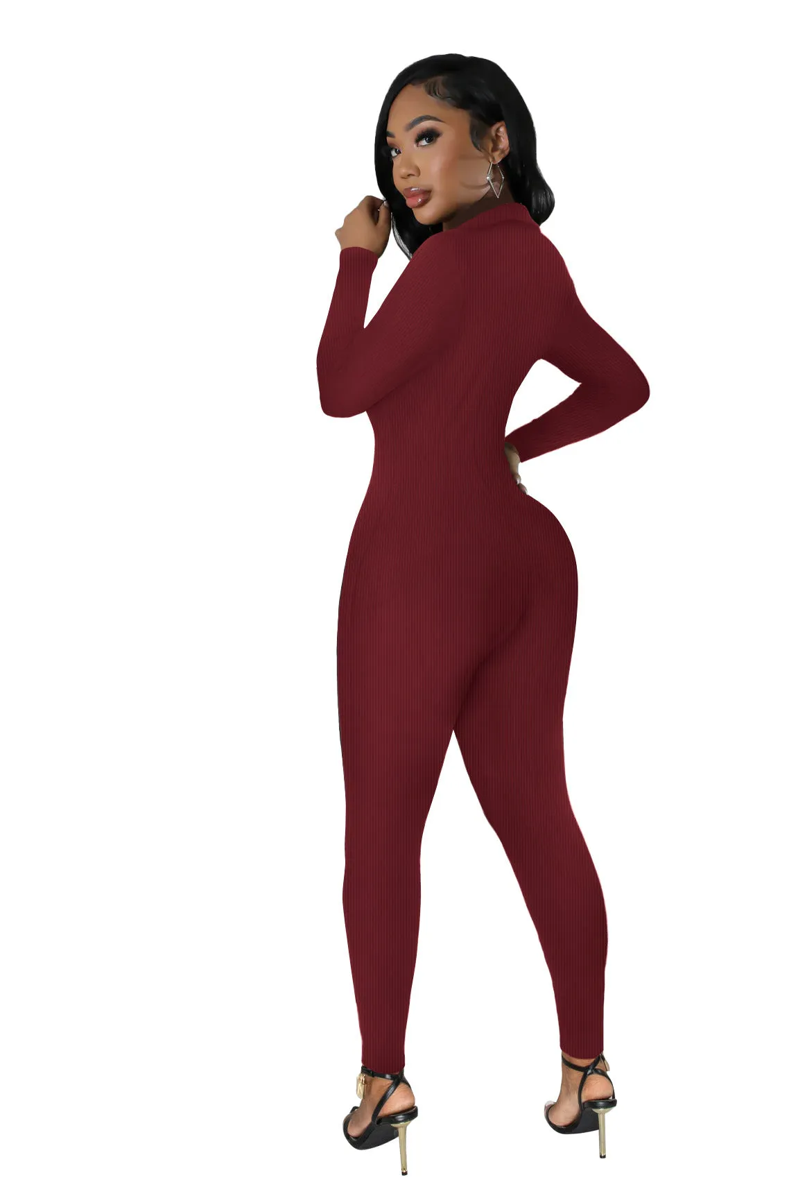 Curve-Enhancing Long-Sleeved Ribbed Button-Up Jumpsuit