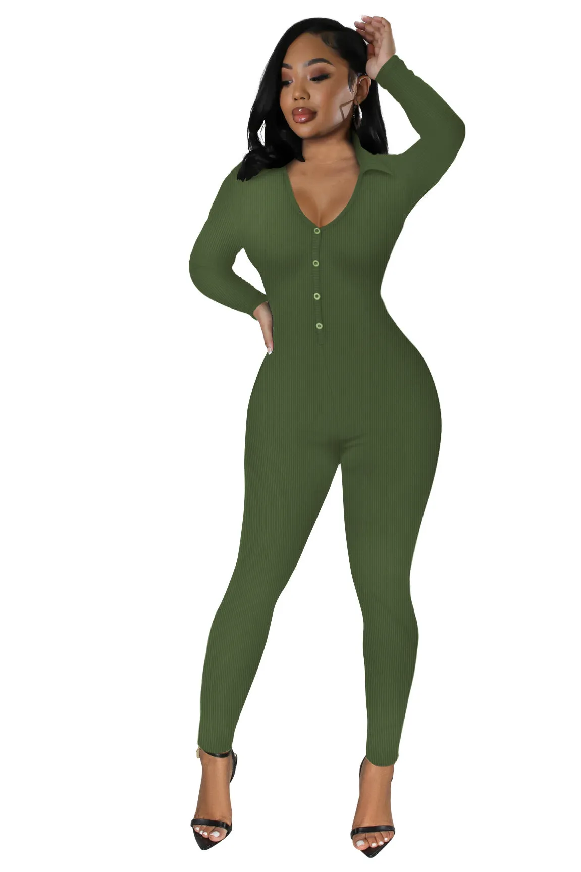 Curve-Enhancing Long-Sleeved Ribbed Button-Up Jumpsuit