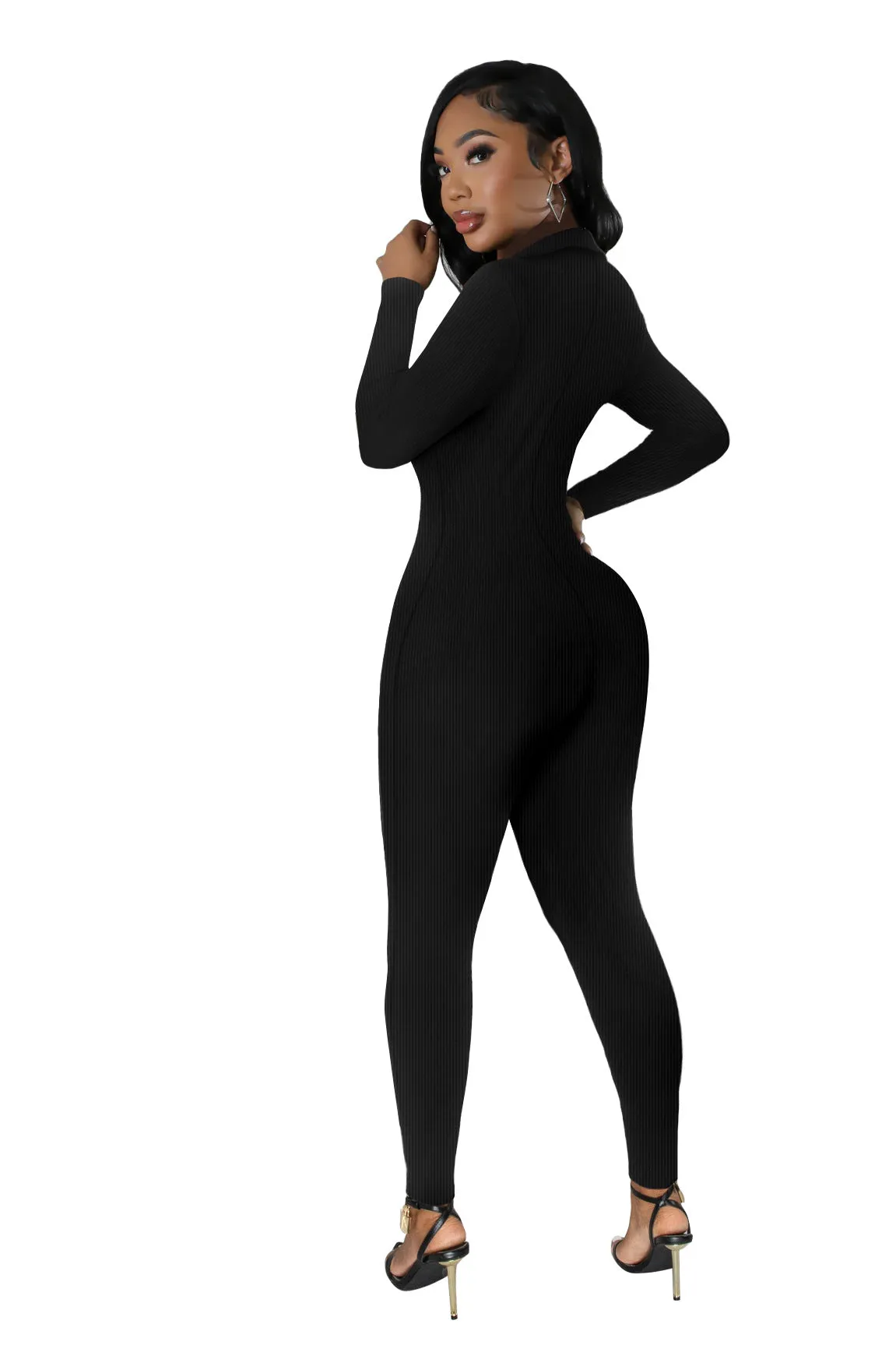Curve-Enhancing Long-Sleeved Ribbed Button-Up Jumpsuit