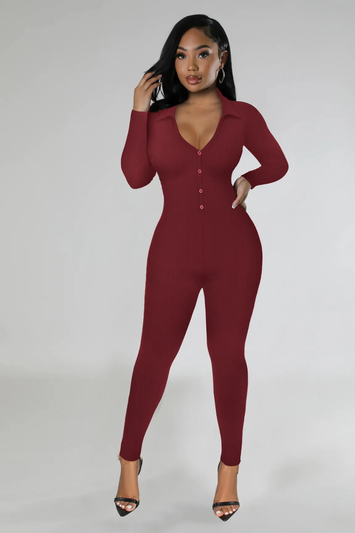 Curve-Enhancing Long-Sleeved Ribbed Button-Up Jumpsuit