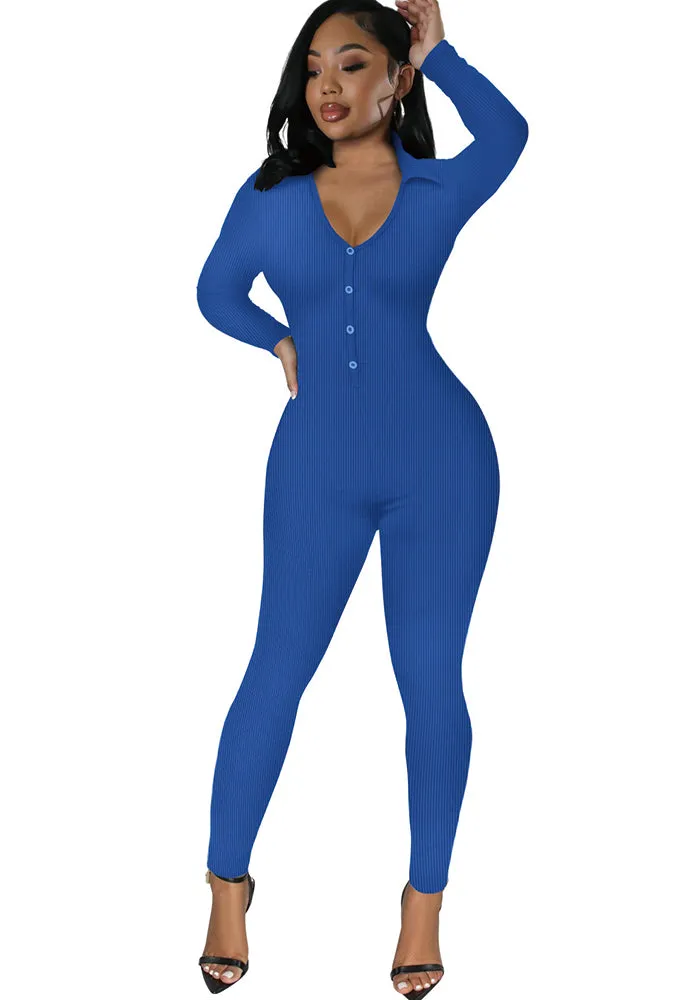 Curve-Enhancing Long-Sleeved Ribbed Button-Up Jumpsuit