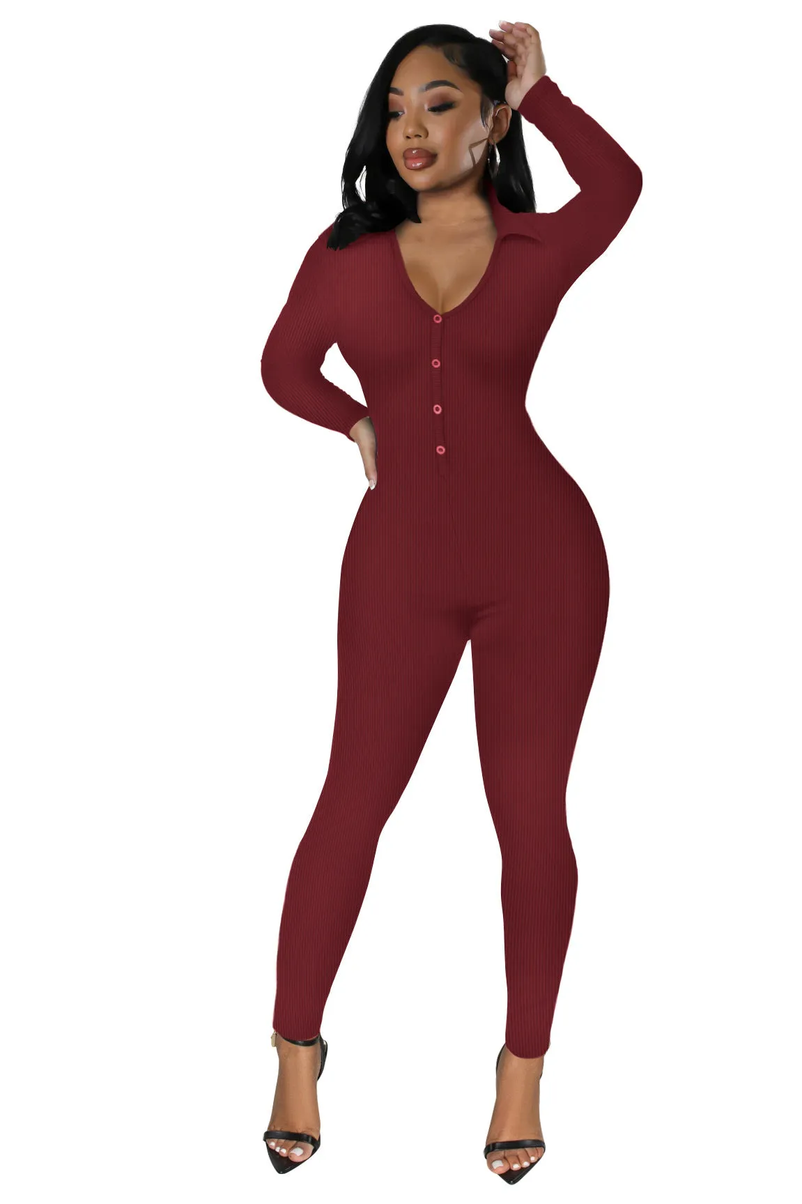Curve-Enhancing Long-Sleeved Ribbed Button-Up Jumpsuit