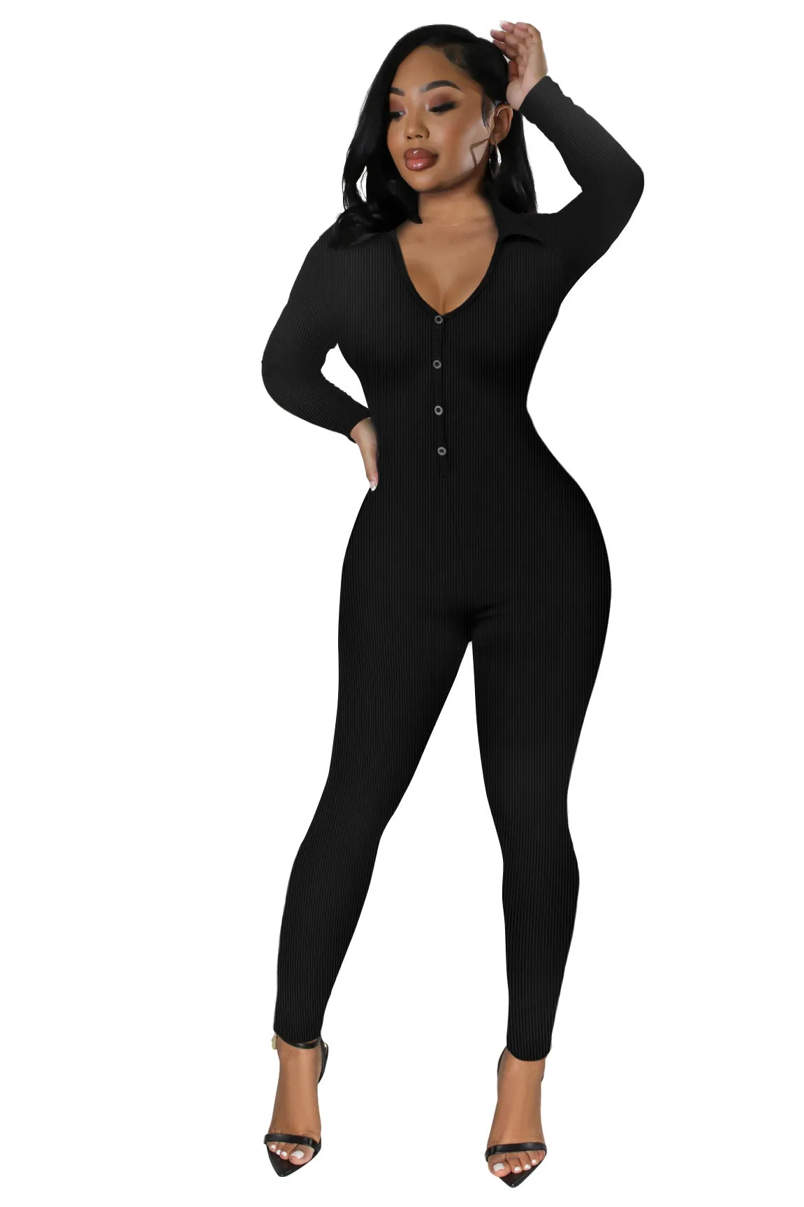 Curve-Enhancing Long-Sleeved Ribbed Button-Up Jumpsuit