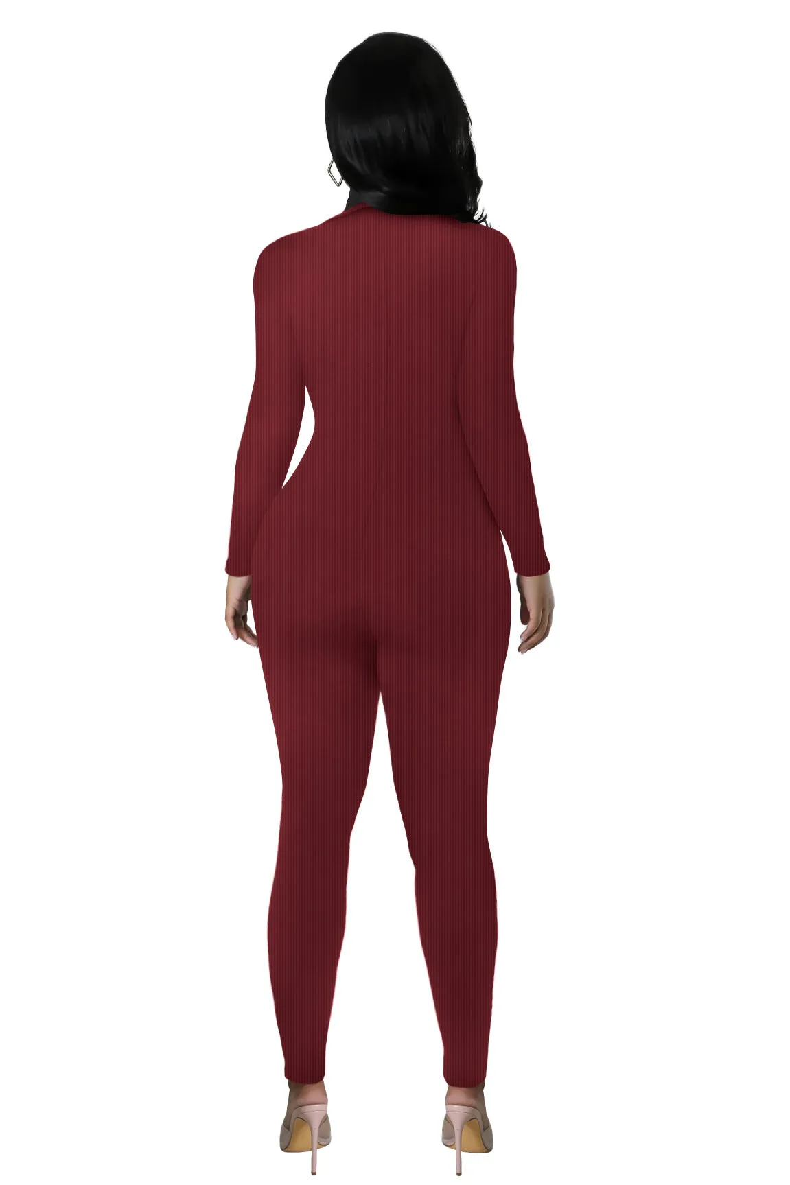Curve-Enhancing Long-Sleeved Ribbed Button-Up Jumpsuit