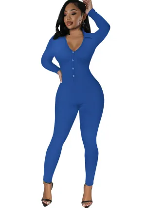 Curve-Enhancing Long-Sleeved Ribbed Button-Up Jumpsuit
