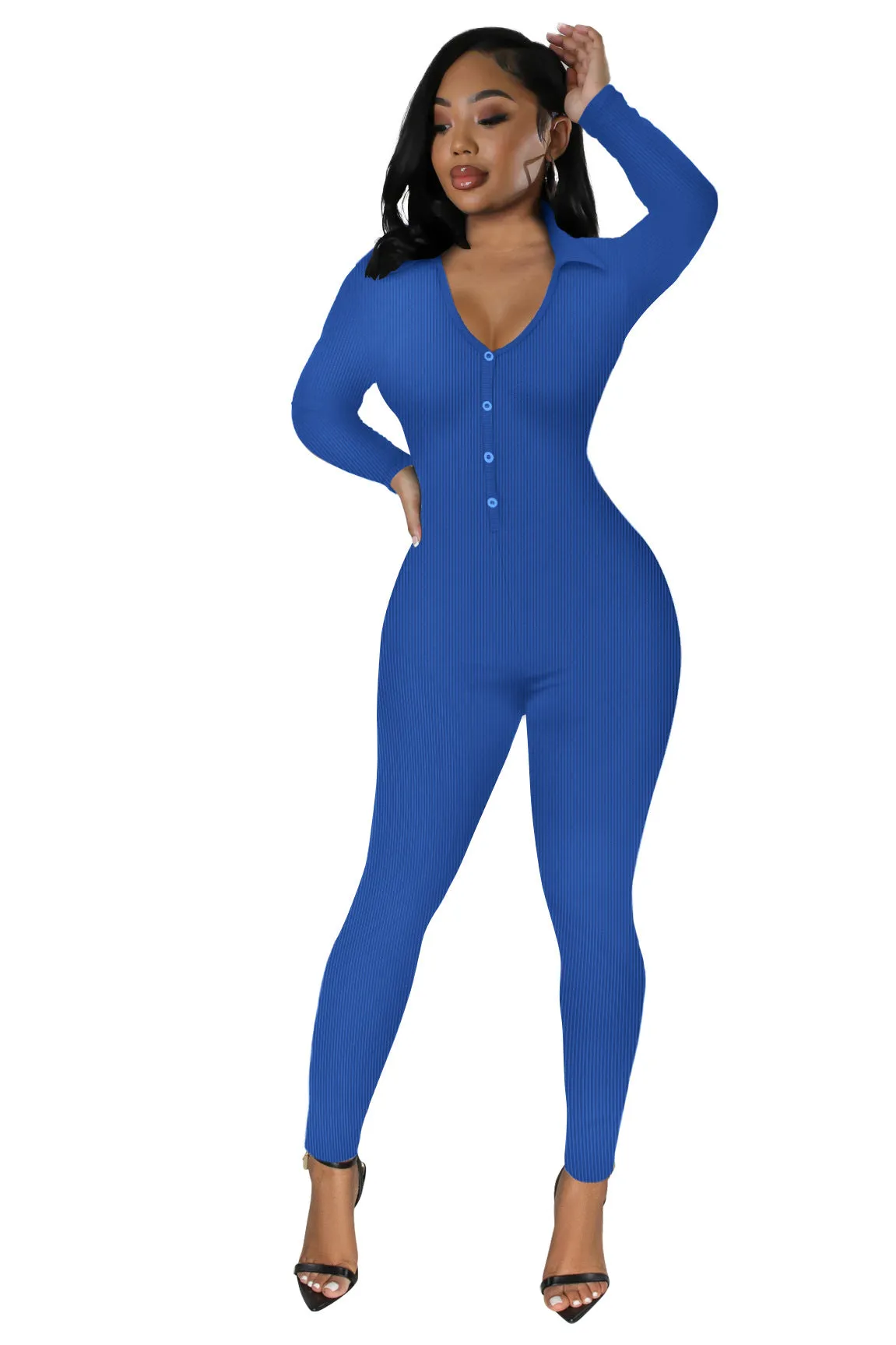 Curve-Enhancing Long-Sleeved Ribbed Button-Up Jumpsuit
