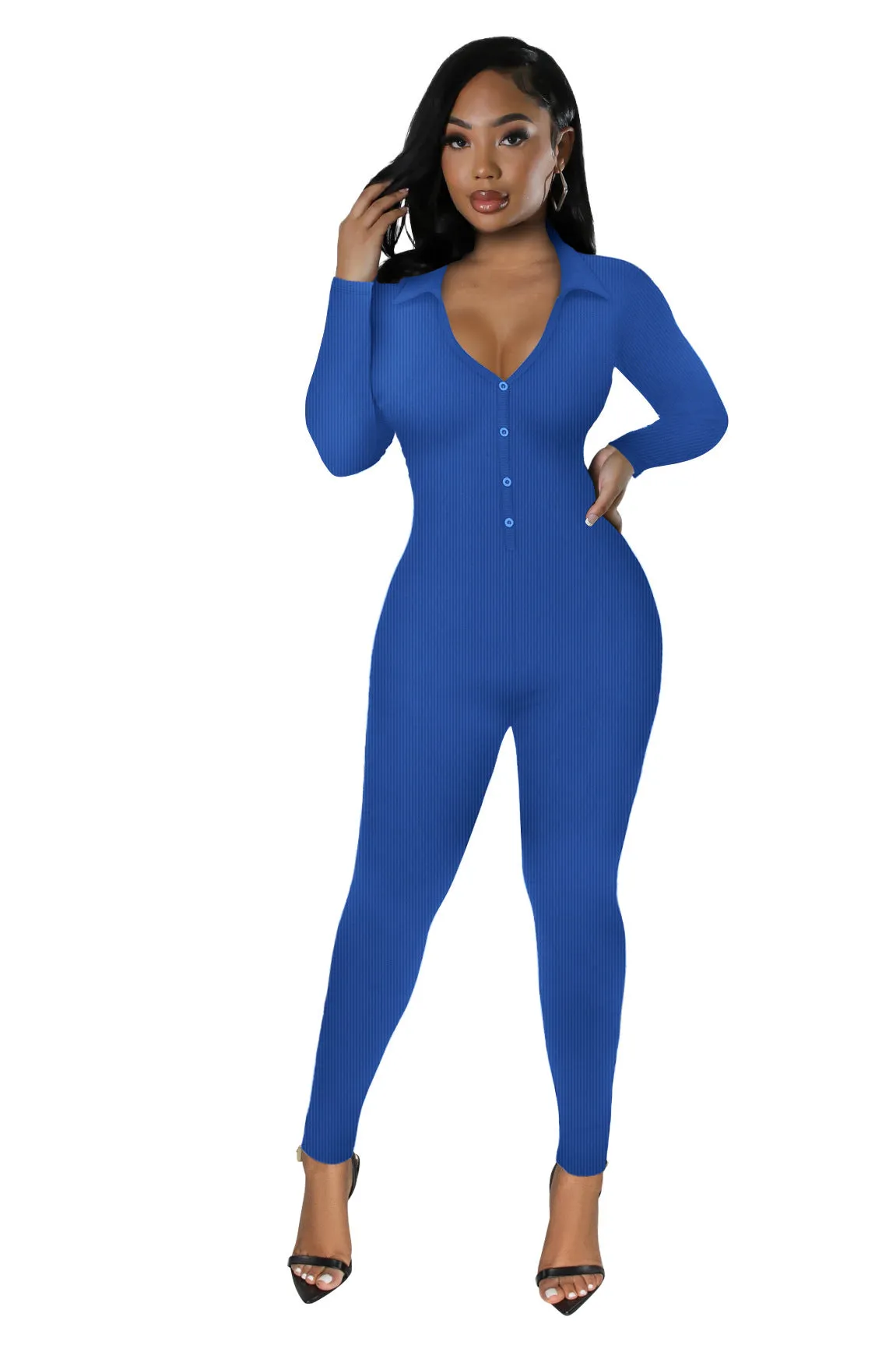 Curve-Enhancing Long-Sleeved Ribbed Button-Up Jumpsuit
