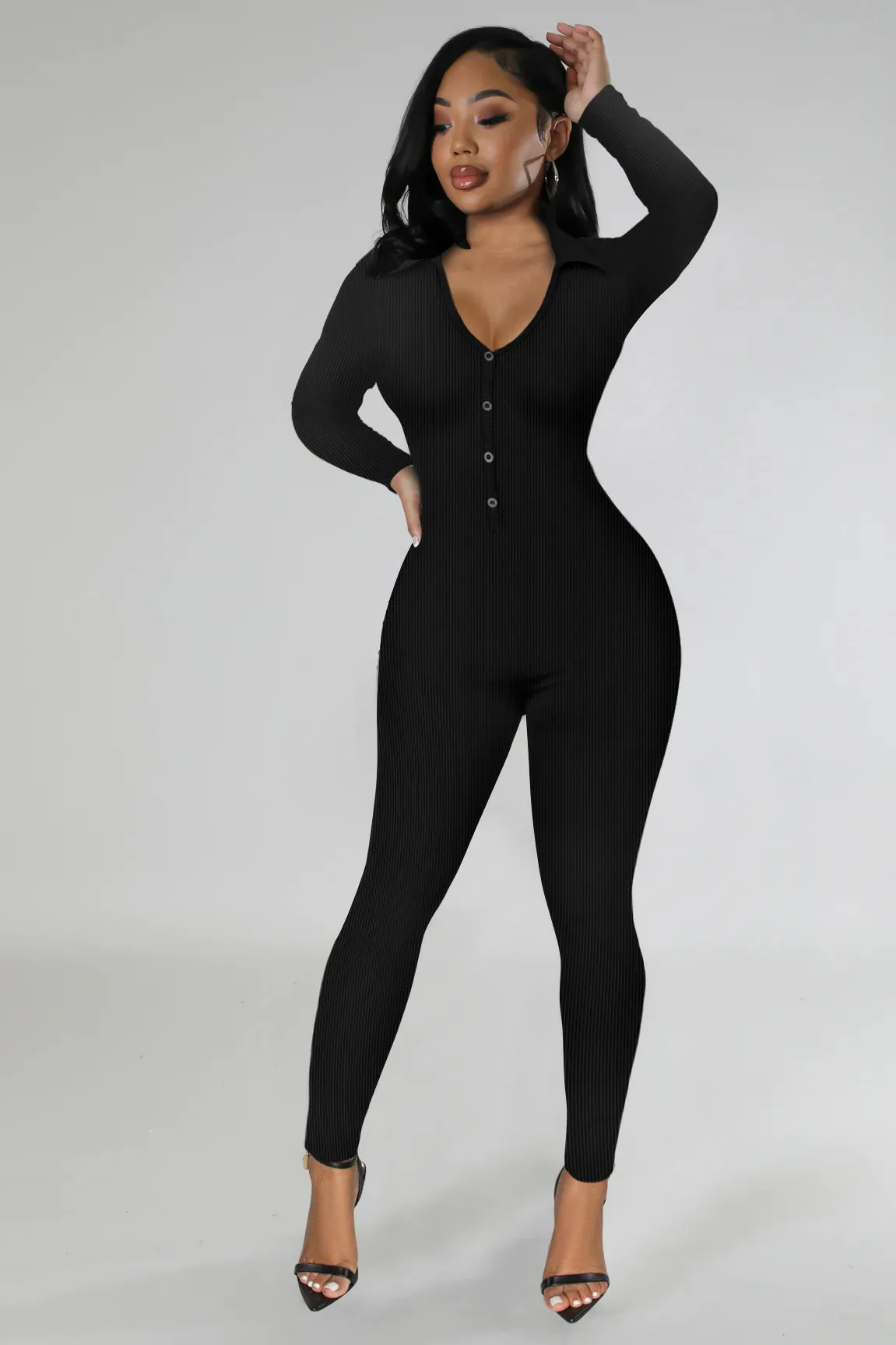 Curve-Enhancing Long-Sleeved Ribbed Button-Up Jumpsuit