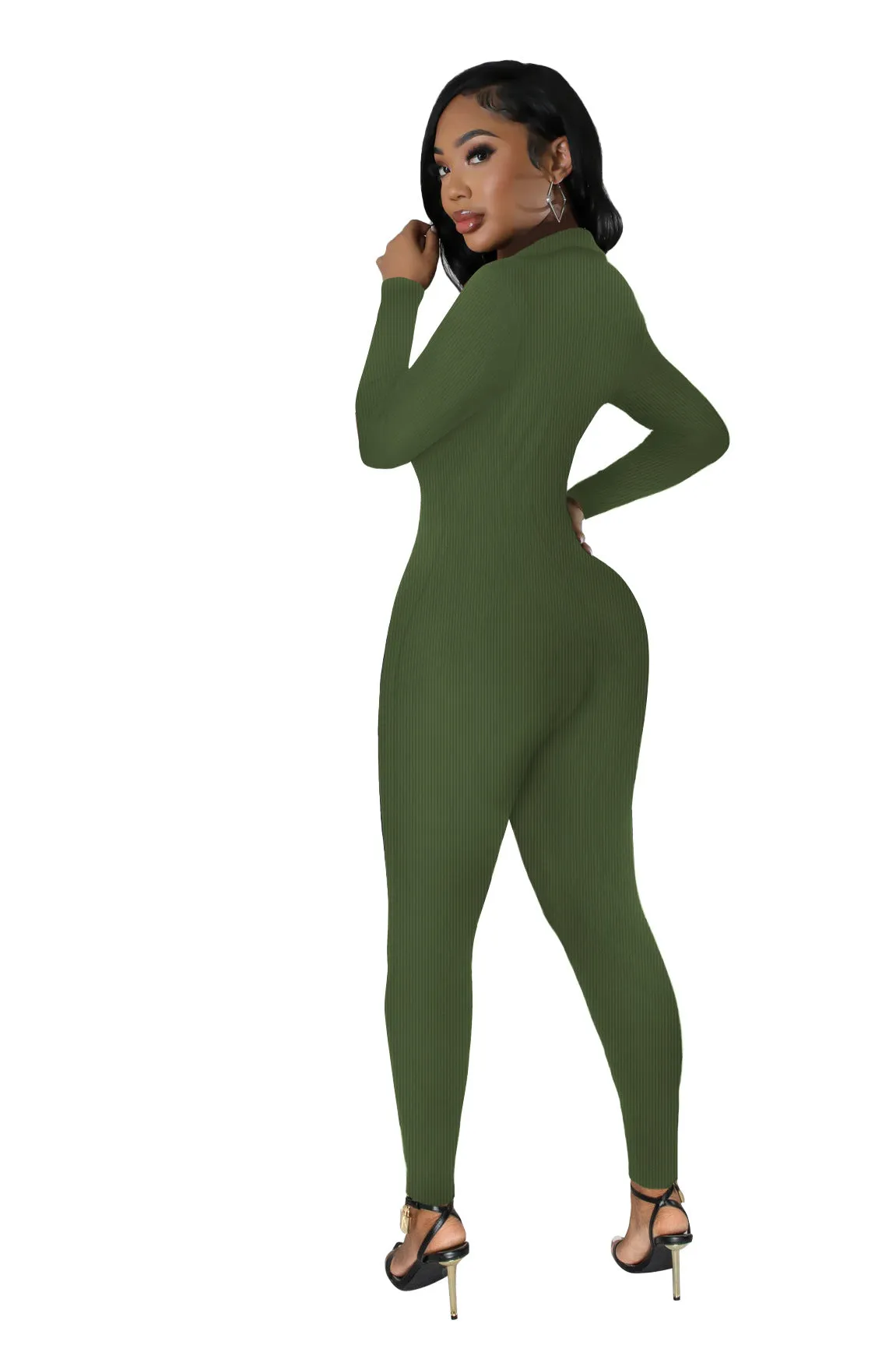 Curve-Enhancing Long-Sleeved Ribbed Button-Up Jumpsuit
