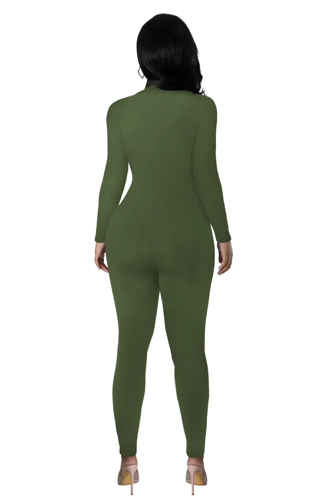 Curve-Enhancing Long-Sleeved Ribbed Button-Up Jumpsuit