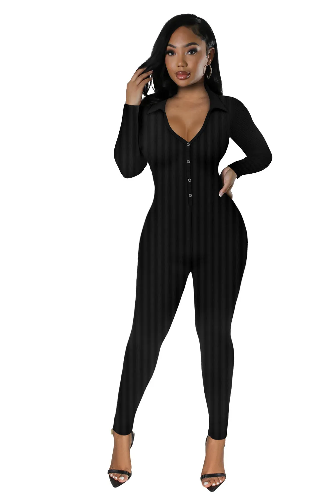 Curve-Enhancing Long-Sleeved Ribbed Button-Up Jumpsuit