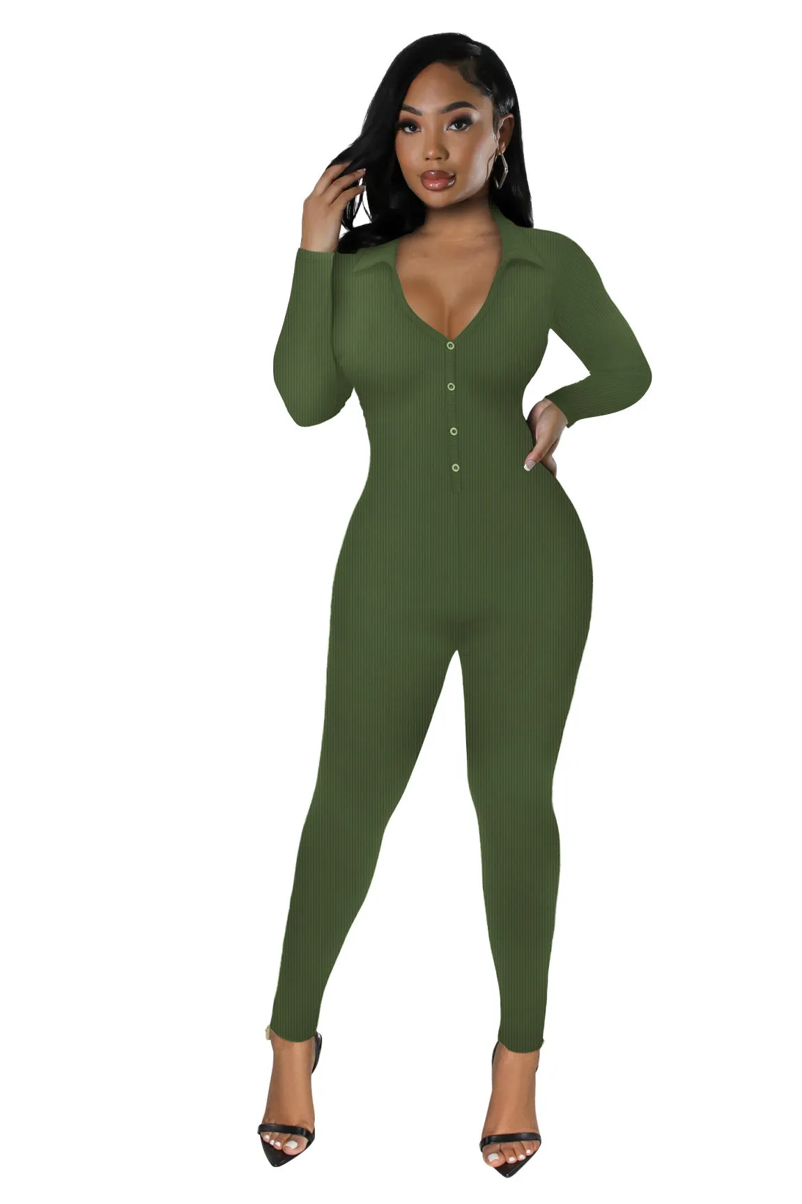 Curve-Enhancing Long-Sleeved Ribbed Button-Up Jumpsuit