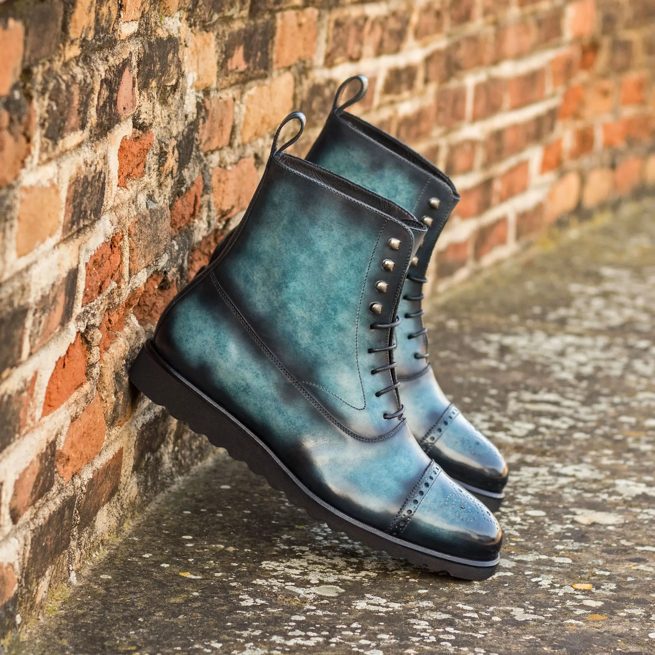 DapperFam Vittorio in Turquoise Men's Hand-Painted Patina Balmoral Boot