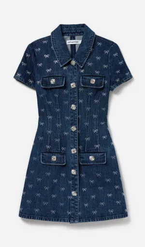 Denim Diamante Bow Collared Mini Dress