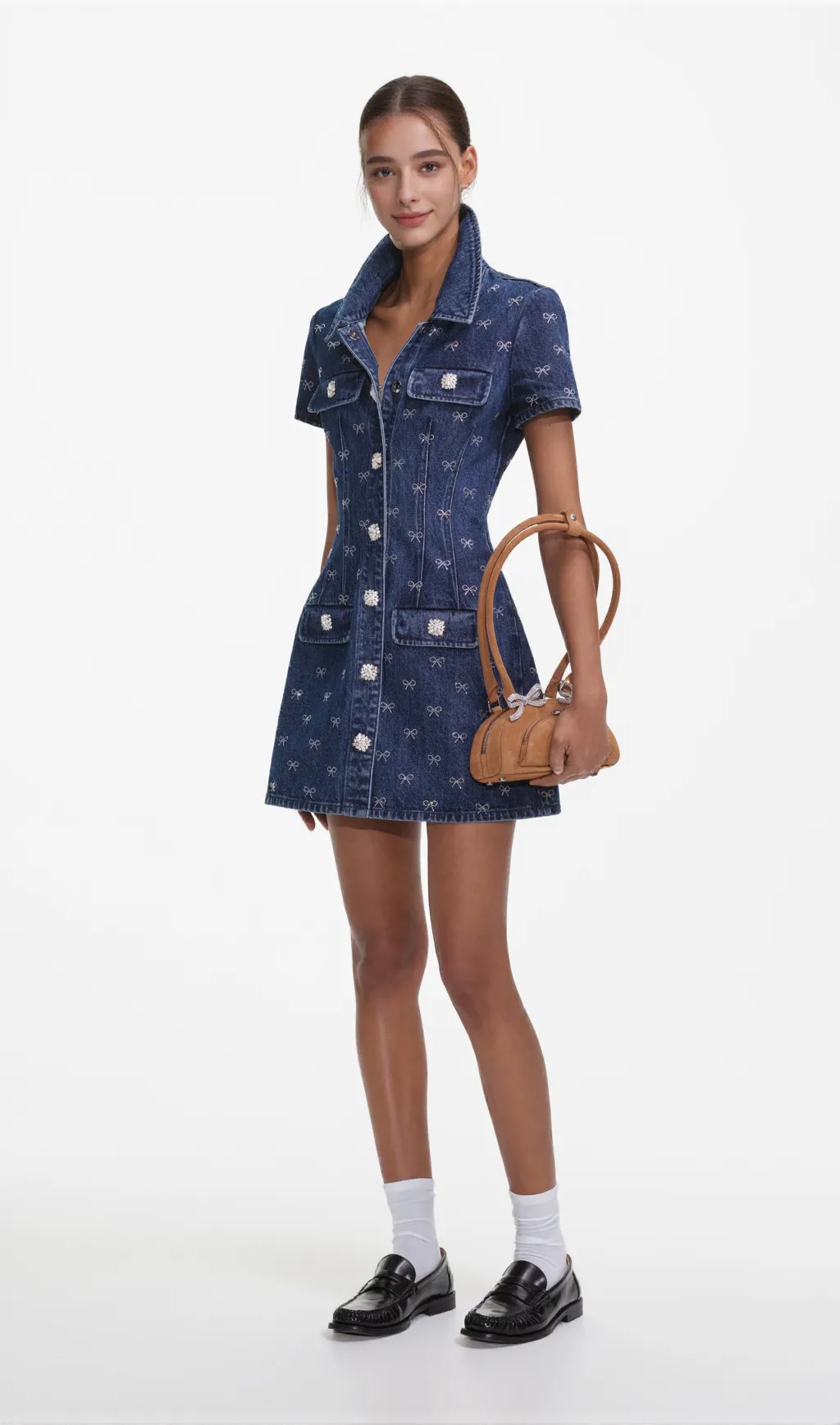 Denim Diamante Bow Collared Mini Dress
