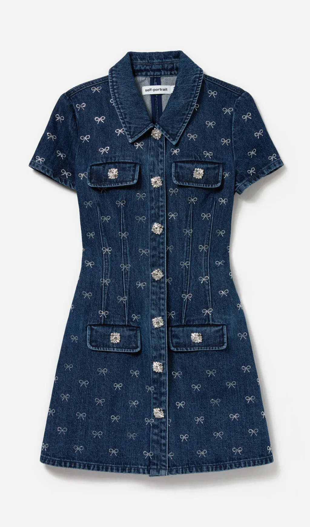 Denim Diamante Bow Collared Mini Dress