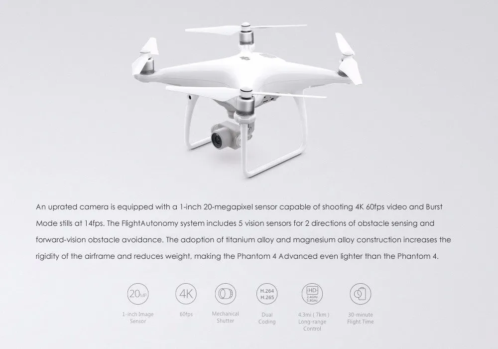 DJI Phantom 4 Advanced Drone - 4K, 60FPS, 20MP Pictures, 30 Min Flight Time, 7KM Transmission Range, 72KM/h, GPS, Return Home