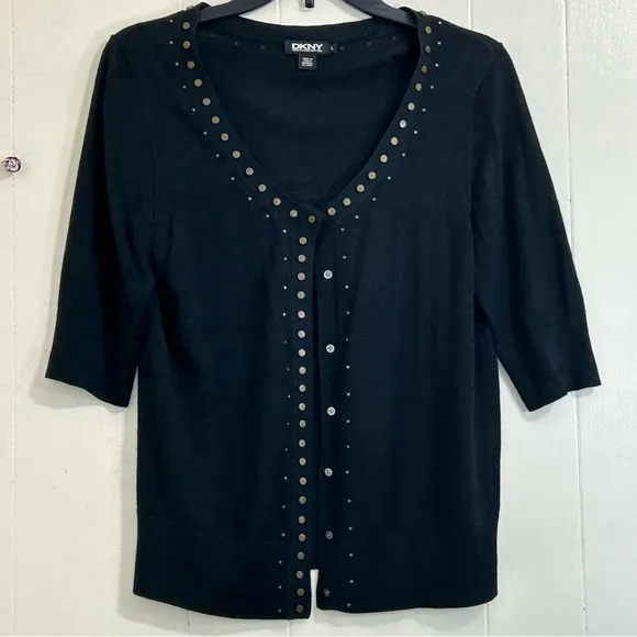 DKNY NWOT Lightweight Office Black 100% Silk Button Down Cardigan Size Large.