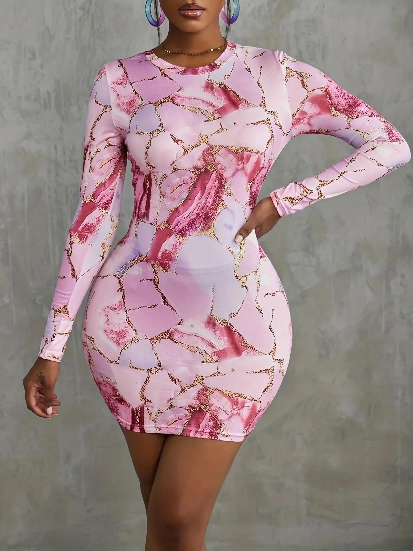 Elegant Marble Print Long-Sleeve Bodycon Mini Dress