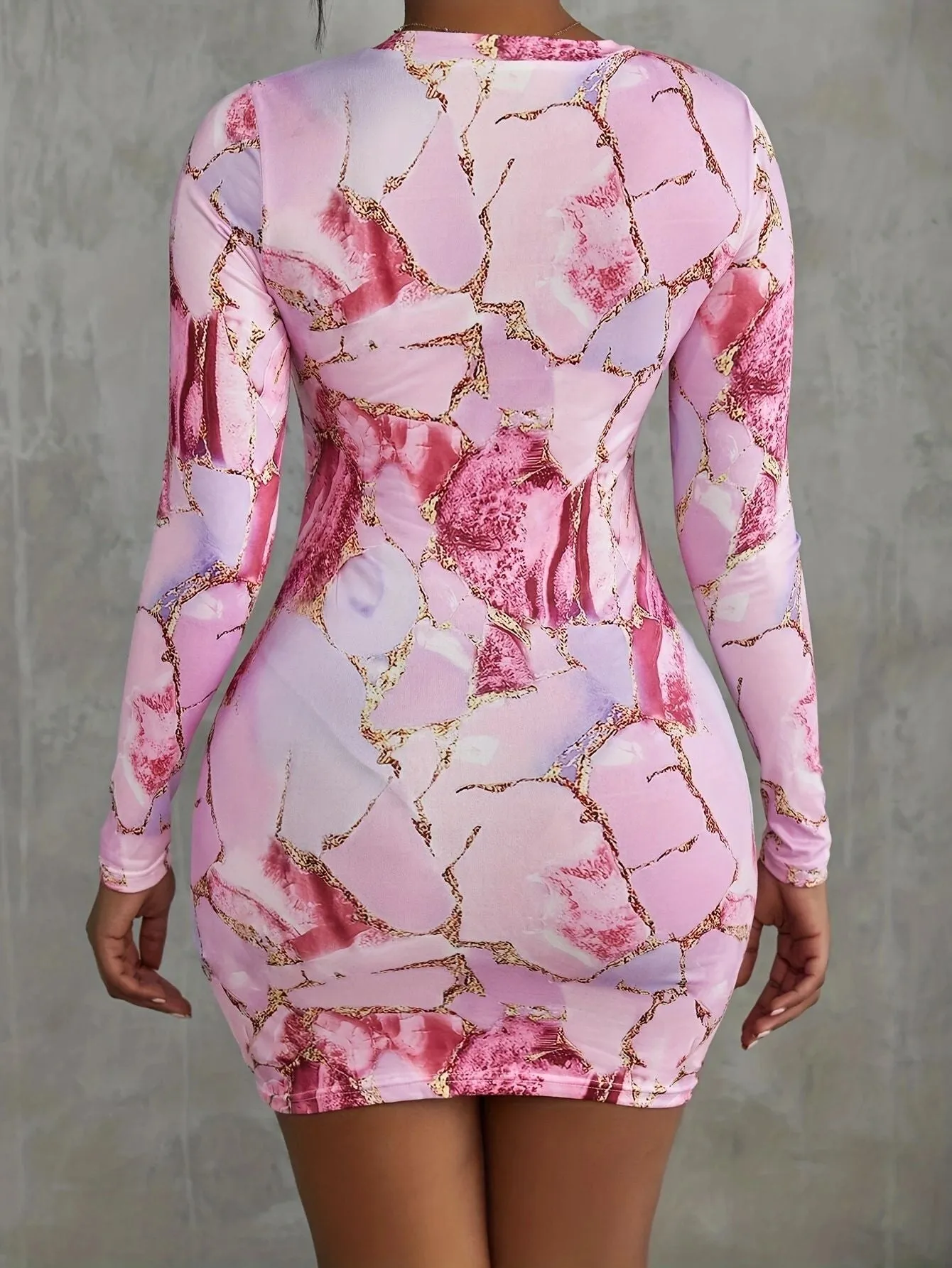 Elegant Marble Print Long-Sleeve Bodycon Mini Dress
