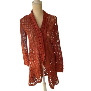 Free People Crochet Open-Front Cardigan Sweater Rust Red Size Small