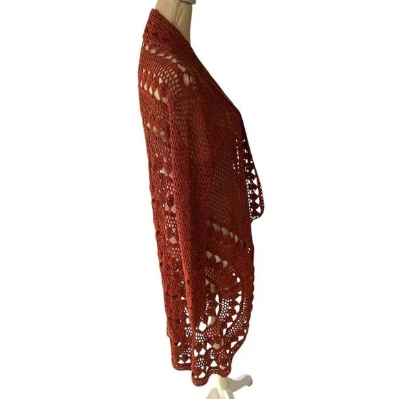 Free People Crochet Open-Front Cardigan Sweater Rust Red Size Small