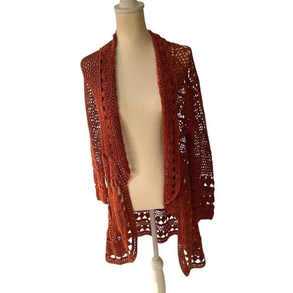 Free People Crochet Open-Front Cardigan Sweater Rust Red Size Small