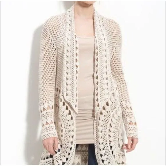 Free People Crochet Open-Front Cardigan Sweater Rust Red Size Small