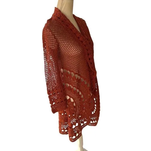 Free People Crochet Open-Front Cardigan Sweater Rust Red Size Small